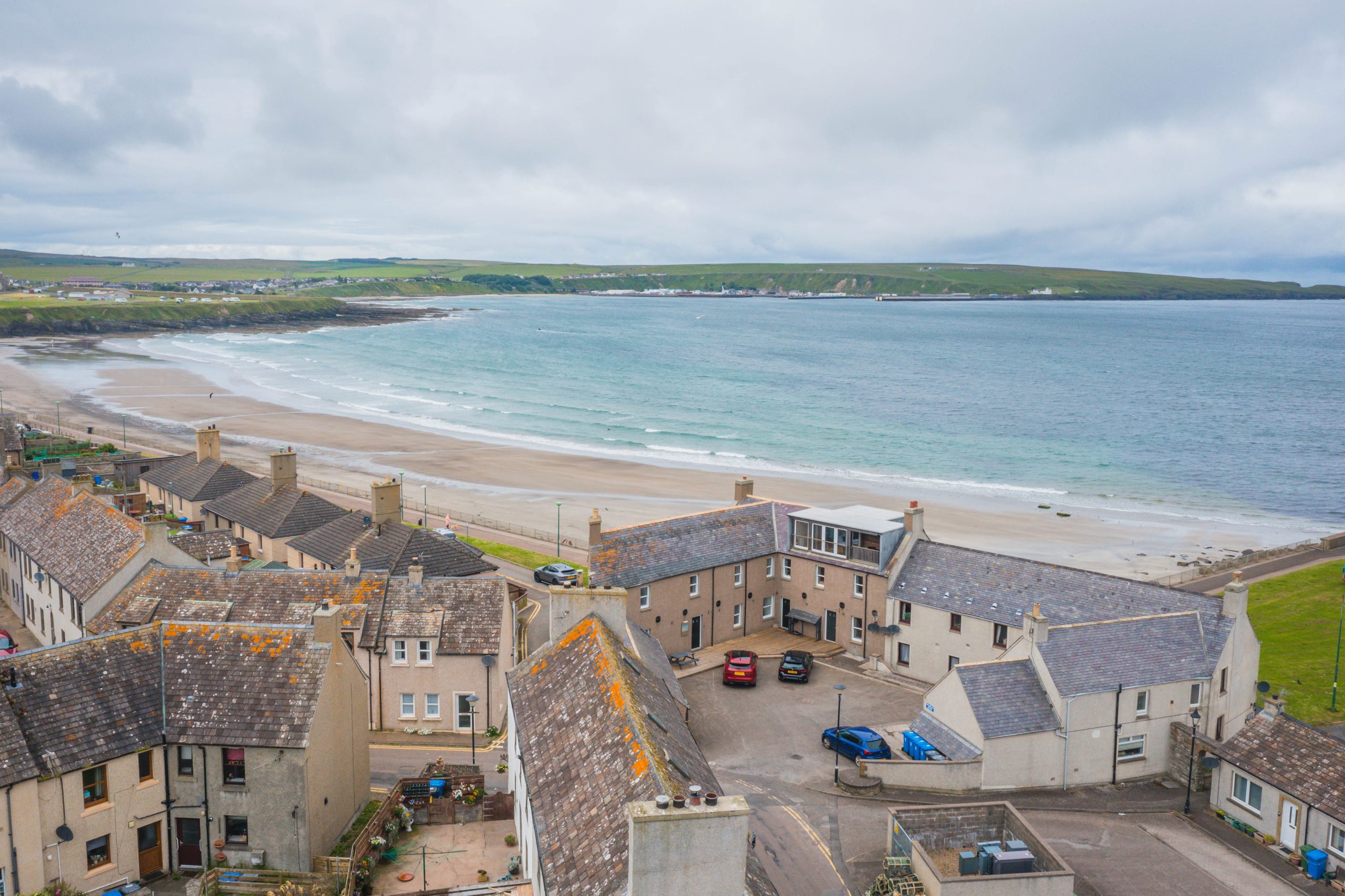 Aerial view over The View and neighbouring rooftops towards Thurso Bay